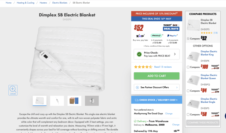 The Good Guys: Dimplex SB Electric Blanket – $52 -> $47 with Price Beat